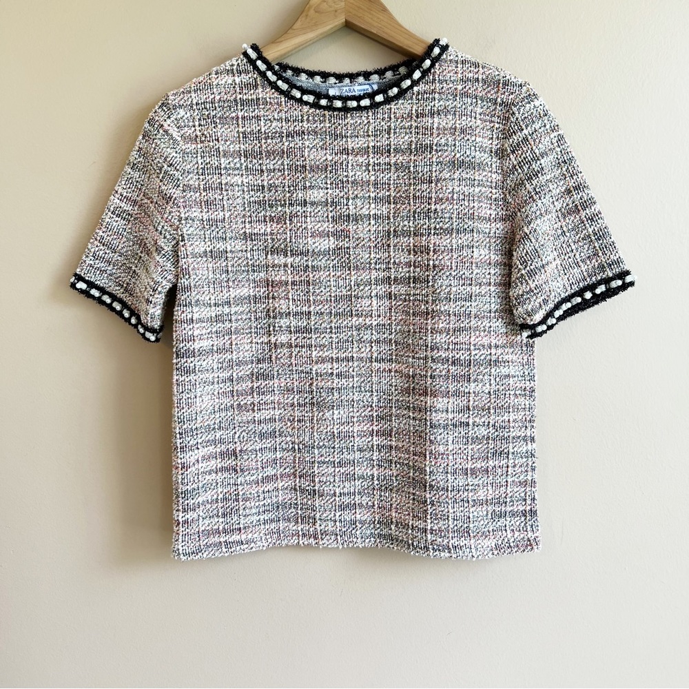 ZARA trafaluc tweed Pearl top size medium short sleeve - Picture 2 of 10